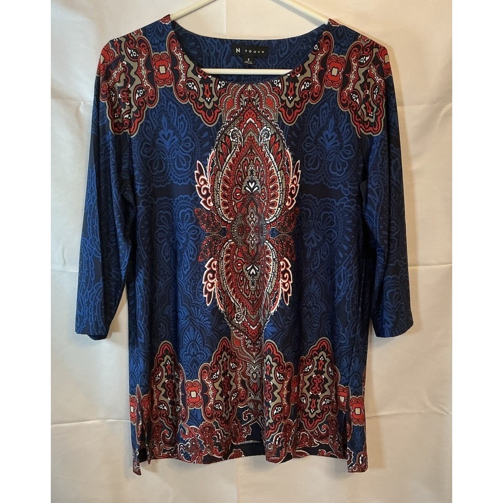 N Touch Women Blue Paisley 3/4 Sleeve Tunic Top Blouse Shirt Bohemian Size S‎